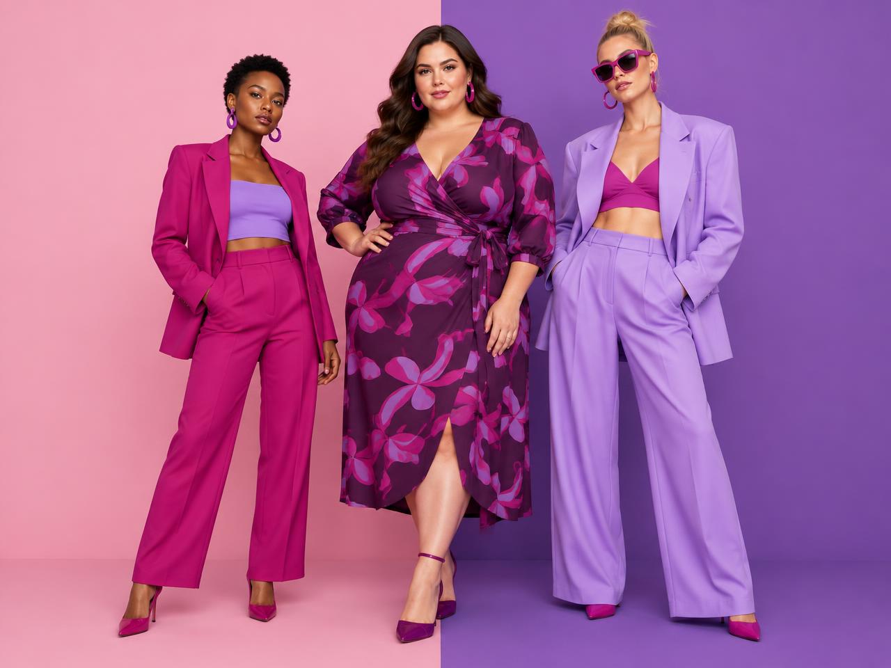 Three women of different shapes in colourful outfits
